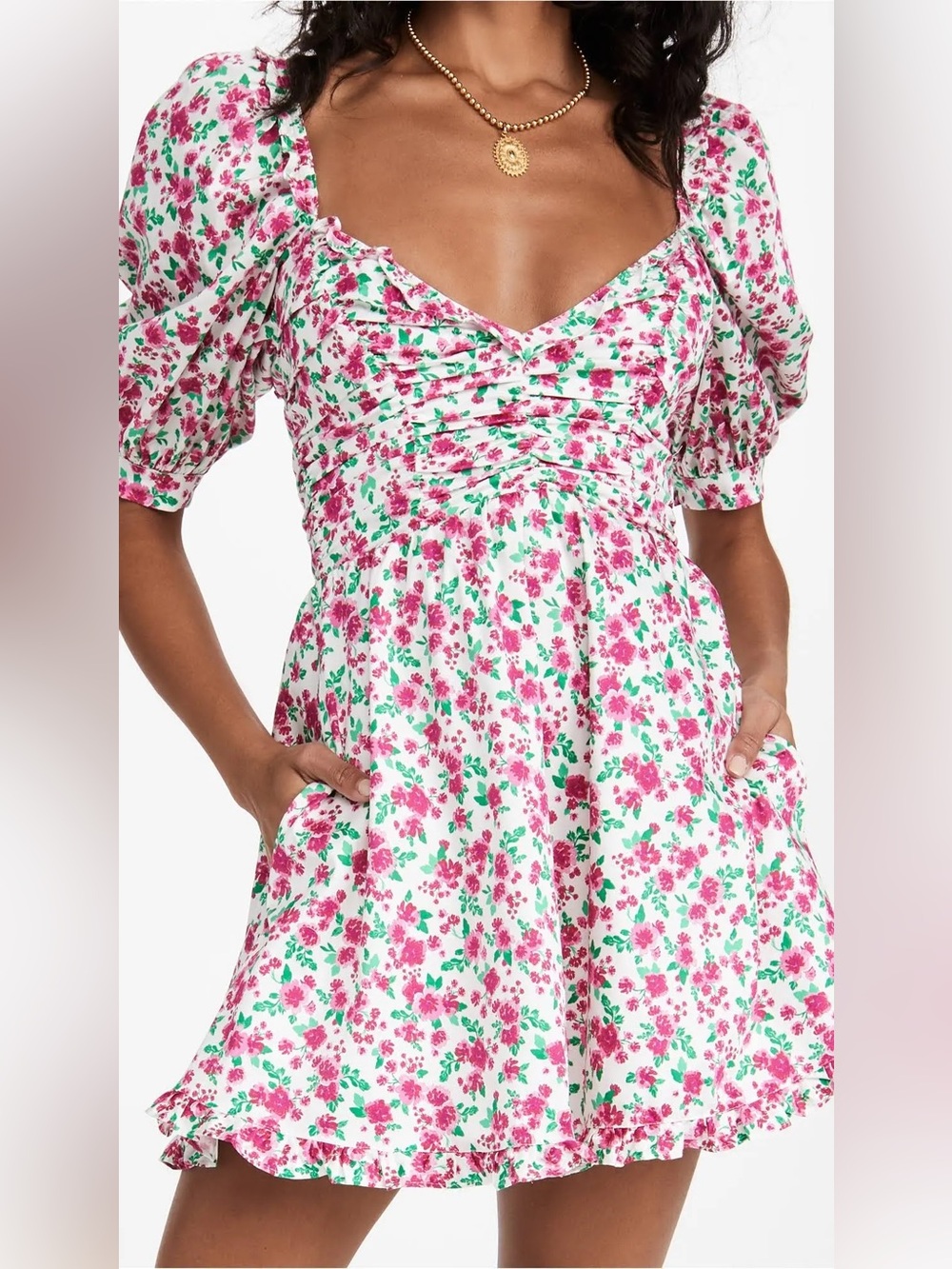 For Love & Lemons White Midi Dress with Pink and Green Floral Print preppy rush